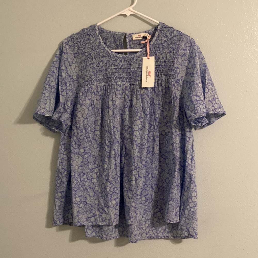 Vineyard Vines Among the Flowers Woven Smocked Top Aqua Haze Size Medium